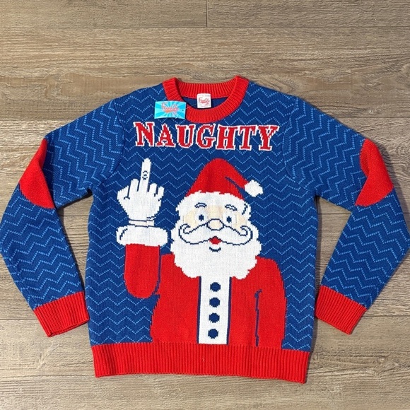 Funqi Other - Ugly Christmas Sweater Party Naughty Santa Middle Finger Claus Blue Red Sweater